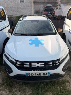 a white car with a blue star of life sticker on it
