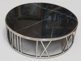 mirrored round coffee table with silver metal frame and black marble top