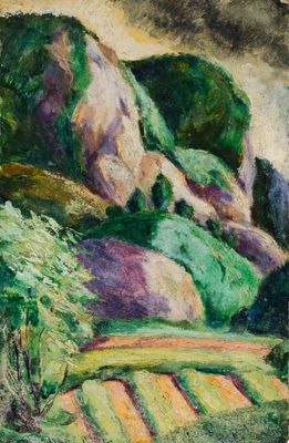 l'image d'un tableau représentant un paysage avec des montagnes en arrière-plan