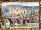 a painting of a castle on a hill with a bridge