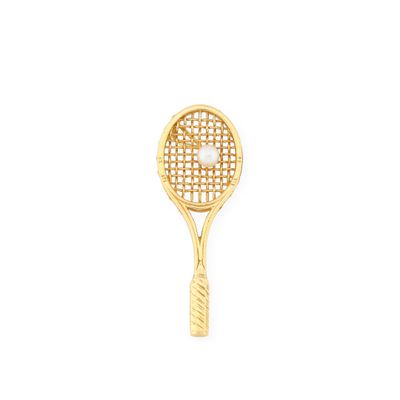 gold plated tennis racket charm with a pearl bead