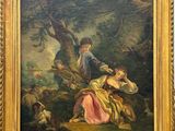 une peinture à l'huile représentant un homme et une femme dans un décor boisé