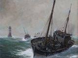 an oil painting of a boat in the middle of a body of water