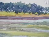 a watercolor painting of a river with trees in the background