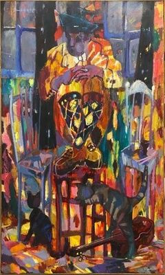 une peinture à l'huile représentant un homme assis sur une chaise devant un chat