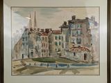 a picture of a painting of a city with a clock tower in the background