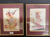 two framed paintings of a woman with a guitar and a man with a guitar