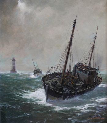 an oil painting of a boat in the middle of a body of water