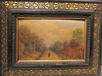 painting of a man walking down a dirt road with trees in the background