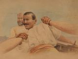 tableau représentant un homme et une femme dans un bateau, se tenant la main