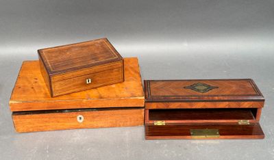 pair of antique wooden boxes with brass inlays on top
