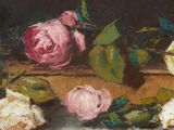 an oil painting of roses in a wooden box on a table