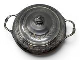silver plated casserole with lid on white background