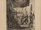 un vieux dessin représentant une rue où des gens marchent