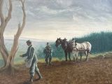 a painting of a man plowing a field with two horses