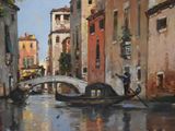 a painting of a gondola going down a canal