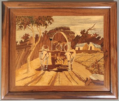 tableau représentant un chariot tiré par deux chevaux sur un chemin de terre