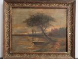 an image of a painting of a boat on a lake