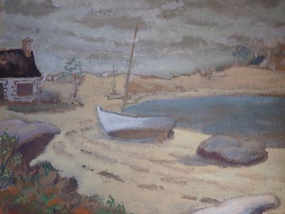 une peinture d'un bateau sur la plage au bord de l'eau