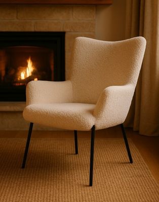 Fauteuil GLASGOW, en tissu bouclette et pied métal noir, dim…