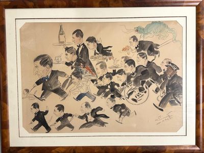 painting of a group of people in suits and hats with umbrellas
