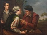 tableau représentant deux hommes et une femme assis à une table en train de jouer aux cartes