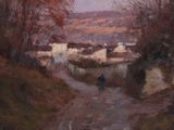painting of a painting of a person walking down a dirt road