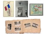 un vieux livre avec des photos de personnes et un drapeau posé dessus