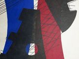 an image of a picture of a painting with a red, blue and black design on it