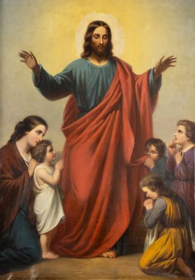 a painting of jesus standing in front of a group of children