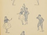 an old book with drawings of people in various poses on it