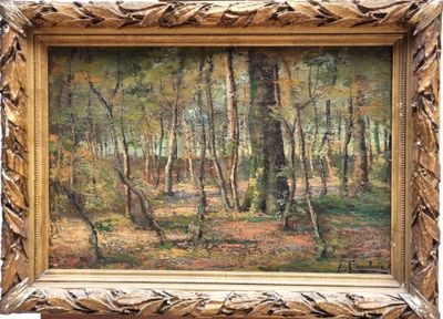 an oil painting of a wooded scene with trees in the foreground