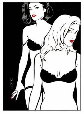 un dessin en noir et blanc représentant deux femmes en lingerie