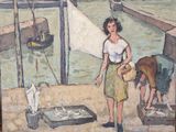 un tableau représentant une femme travaillant sur un bateau
