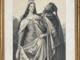 an old picture of a woman with a crown and a man holding a sword