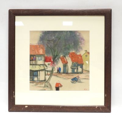 framed picture of a painting of a street scene with houses and a fire hydrant