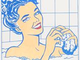 painting of a woman in a bathtub holding a donut in her hand