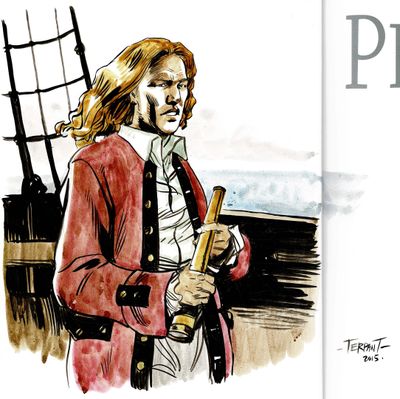 Couverture du livre « Pirates des Caraïbes » et illustration d'un homme en costume de pirate