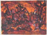 abstract painting of a group of men riding horses in a field
