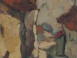 an oil painting of a person walking down a street with an umbrella