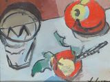un tableau représentant une pomme et une tasse posées sur une table