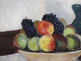 a painting of a bowl of fruit on a table