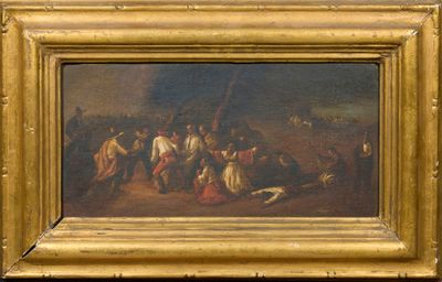 une peinture à l'huile représentant un groupe de personnes dans un champ