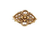 a close up of a gold brooch with a flower on it