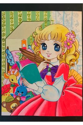 illustration représentant une jeune fille en robe rose tenant un livre