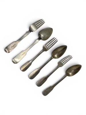 six forks and spoons are arranged in a row on a white surface