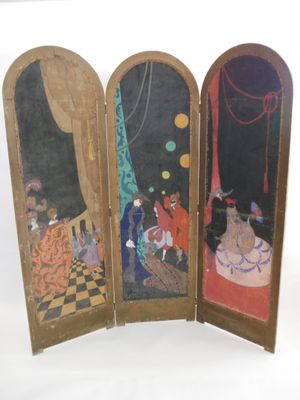 a three panel screen with a picture of a woman and a cat