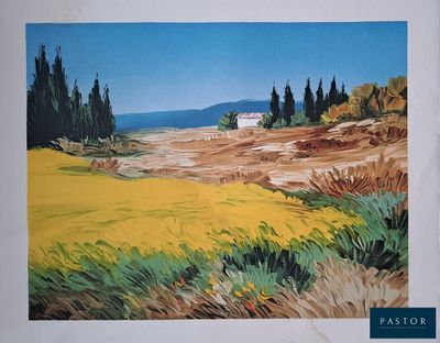 a picture of a painting of a field with trees in the background