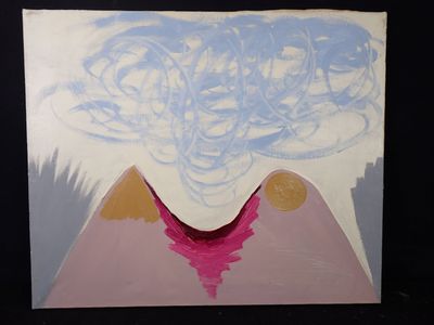 un tableau représentant une montagne d'où s'échappe un nuage
