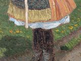 an oil painting of a woman in a colorful dress standing on a path